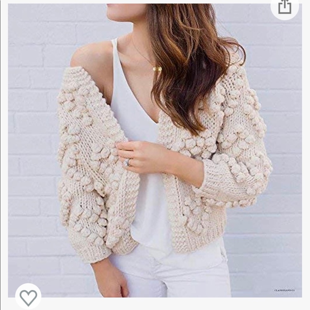 Heart Shape Pom Hand Knit Open Front Ivory cardigan